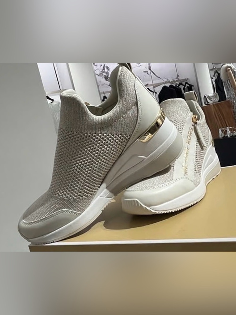 Michael Kors Knit Slip-On Platform Sneaker in Light Beige with Gold Trim